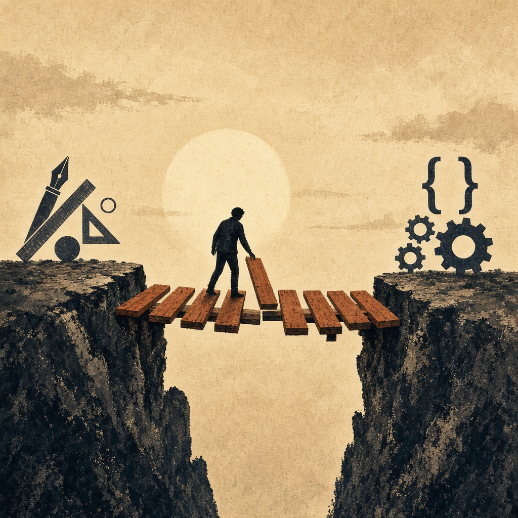 Illustration of a person laying planks to bridge a gap between design tools and code