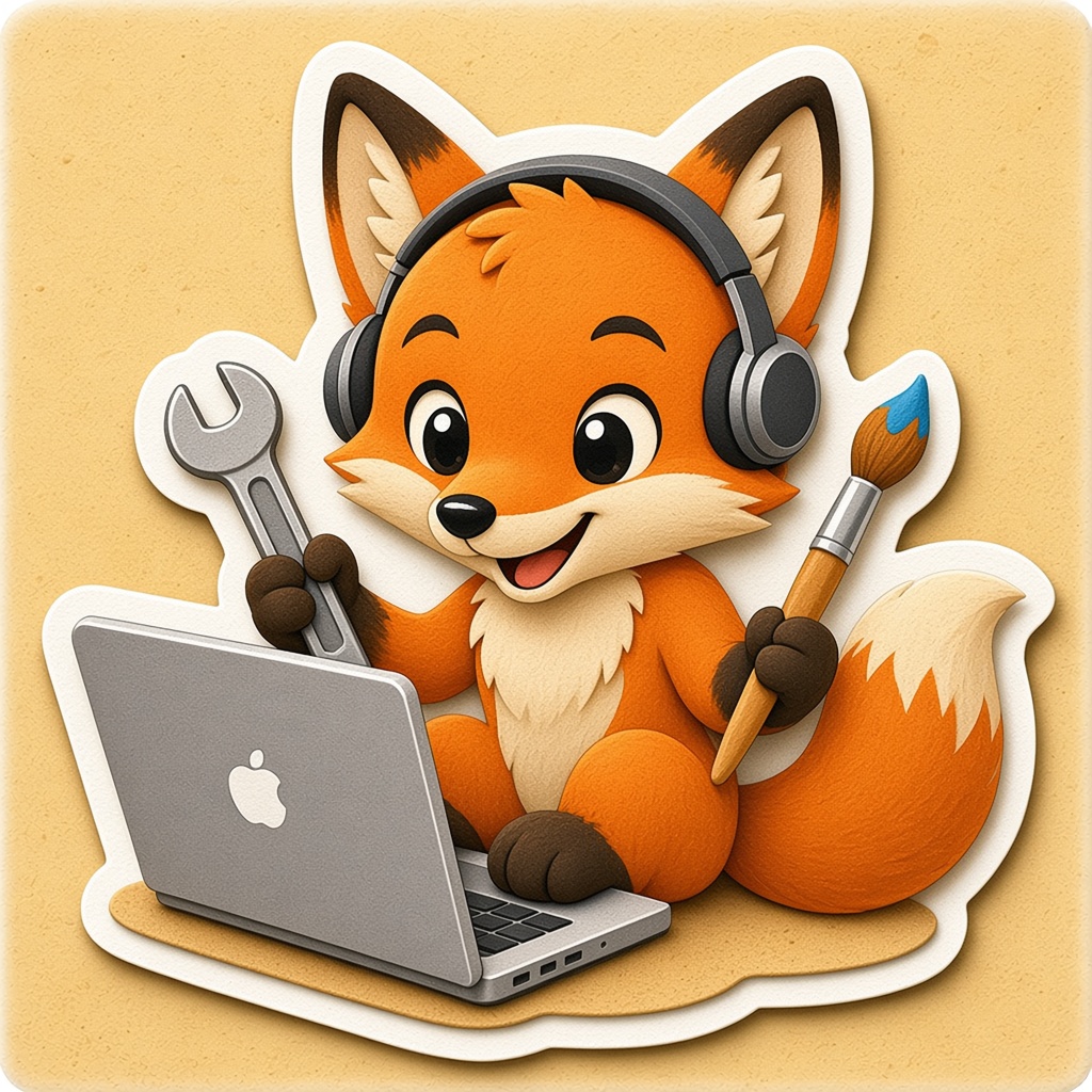 Sticker of a fox with headphones, a wrench, a paintbrush and a laptop