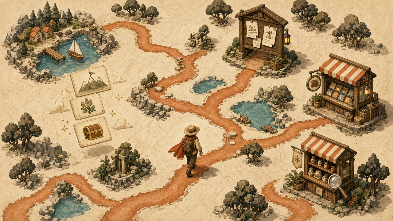 Illustrated map of a little world with a wandering traveller